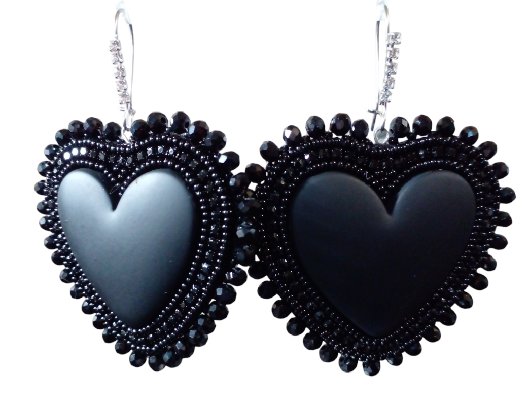 Black Heart Flat Stitch Earrings