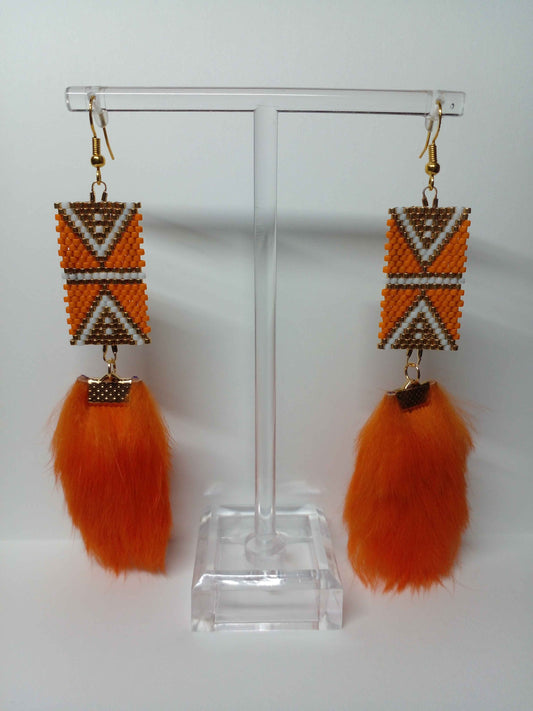 White on Orange Arrowhead Brick Stitch Earrings with Rabbit Fur Embellishment