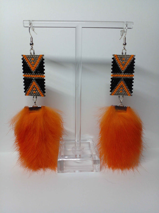 Orange on Black Arrowhead Brick Stitch Earrings with Rabbit Fur Embellishment