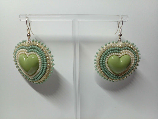 Sage and Cream Heart Flat Stitch Earrings