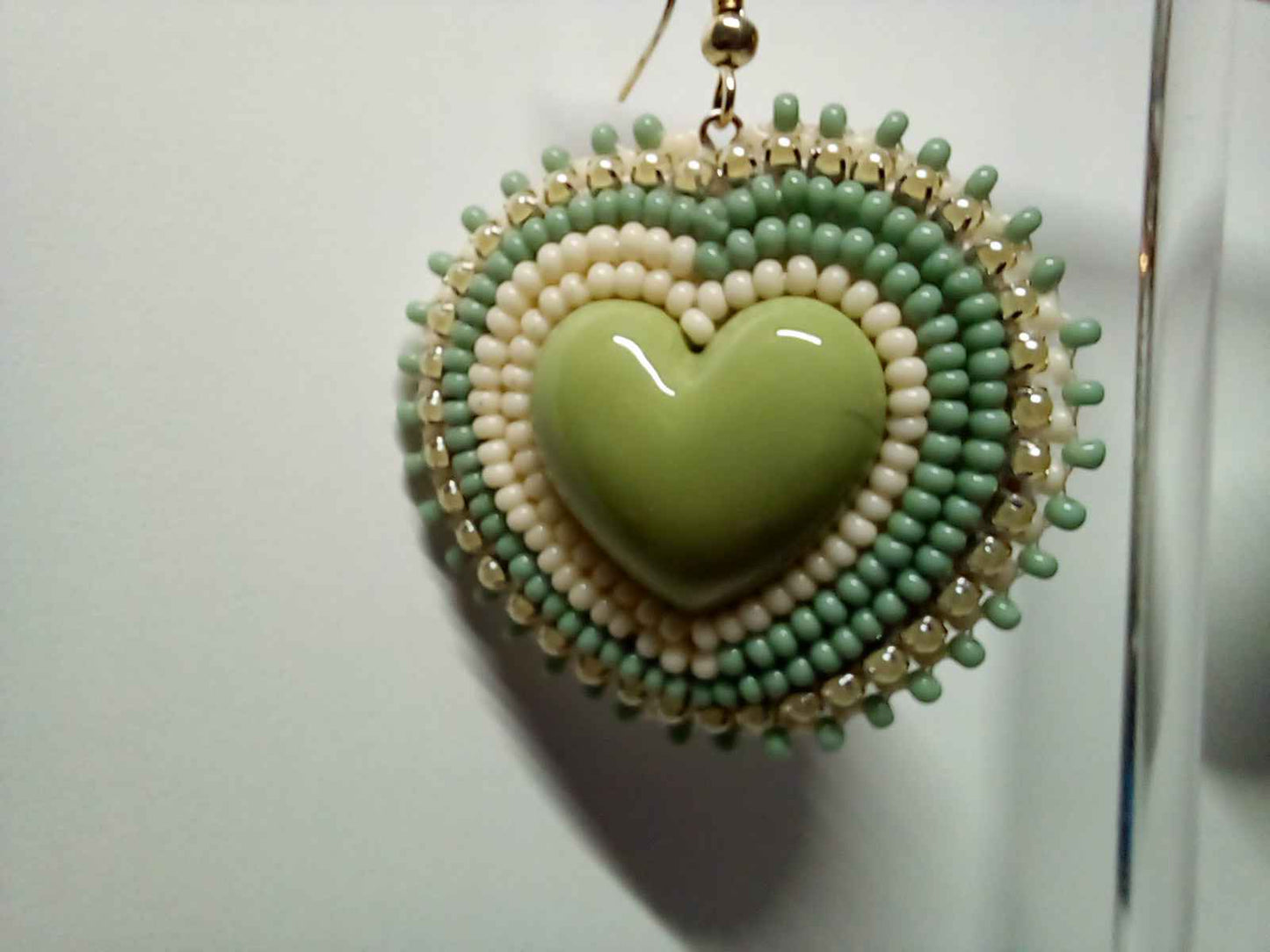 Sage and Cream Heart Flat Stitch Earrings