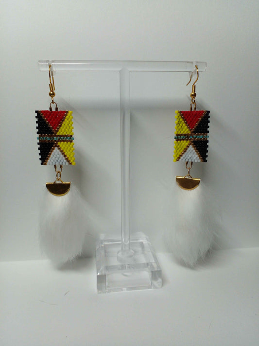 Four Directions Arrowhead Brick Stitch Earrings with Rabbit Fur Embellishment