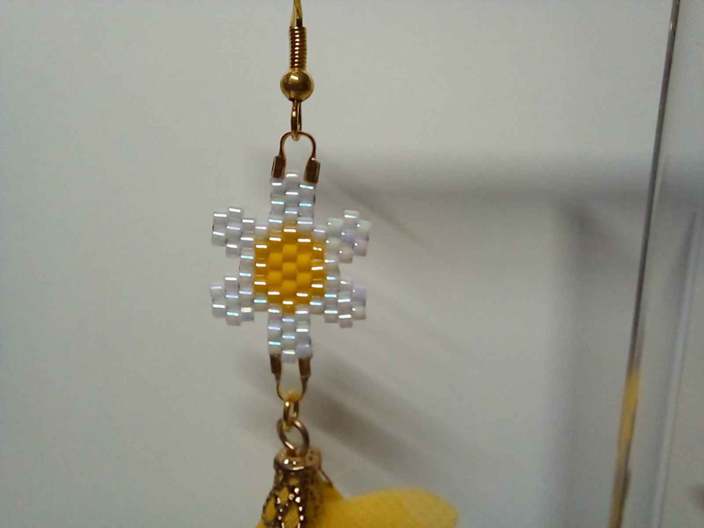 White Daisy Brick Stitch Earrings with Yellow Tassels