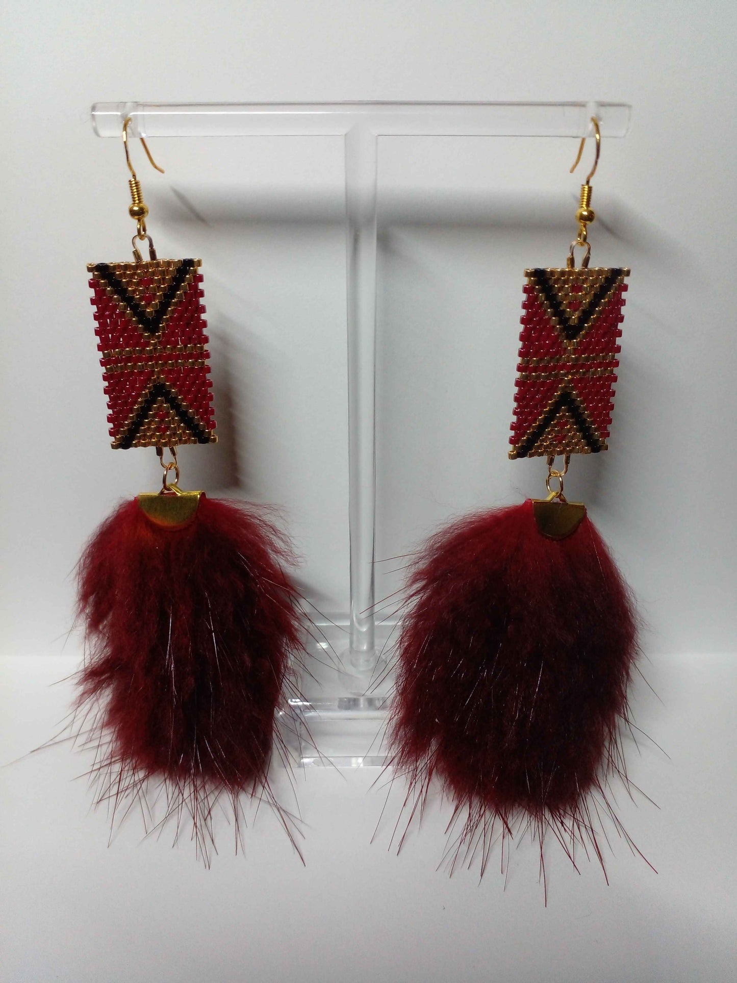 Cadillac Red Arrowhead Brick Stitch Earrings with Beaver Fur Embellishment