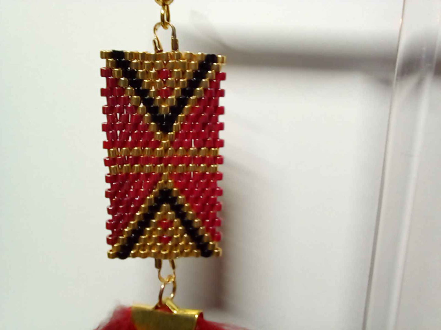 Cadillac Red Arrowhead Brick Stitch Earrings with Beaver Fur Embellishment