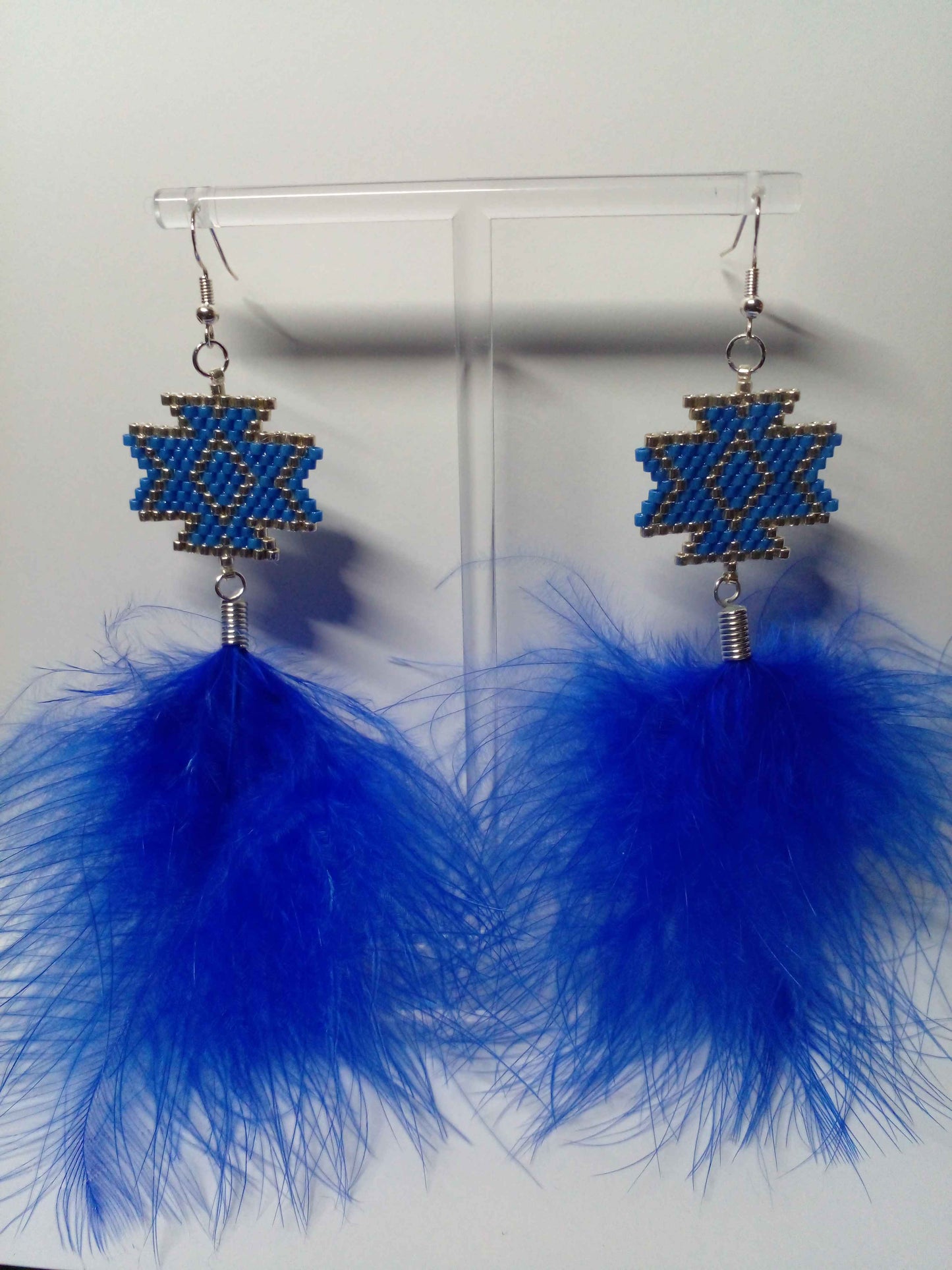 Blue Brick Stitch Earrings with Feather Embellishment