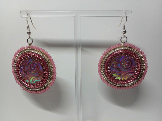 Pink and Crystal Flat Stitch Earrings