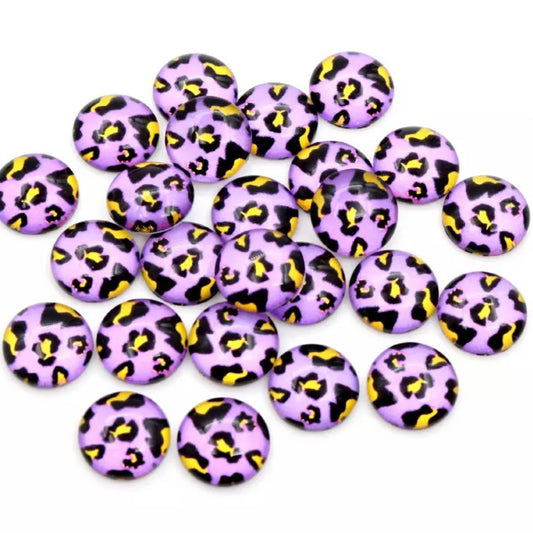 Gema semicúpula de 12 mm, violeta con amarillo, estampado animal, vidrio, pegamento para pegar