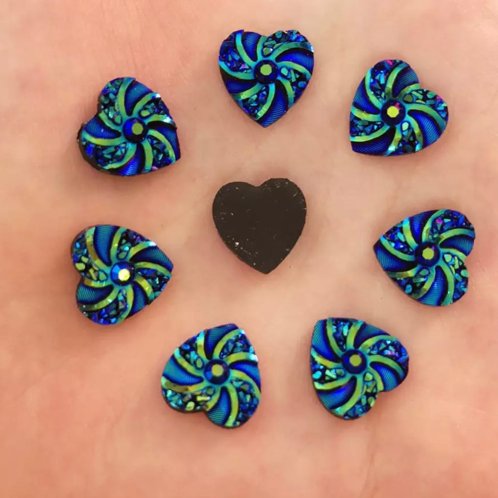 Corazón AB azul de 12 mm con parte posterior plana de resina AB, gema adhesiva