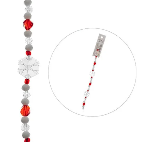 Crystal Lane 7in Bead Strand White Snowflake with White and Red